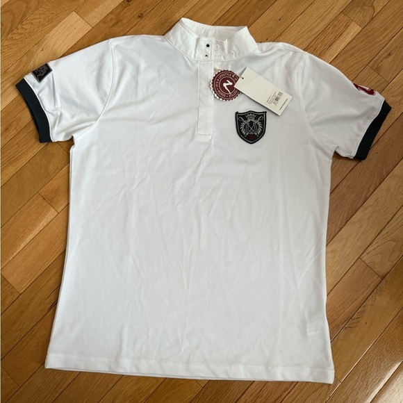 NWT EQUESTRIAN Horze Short Sleeved Womens Show Shirt White Polo Shirt Large - Picture 1 of 11